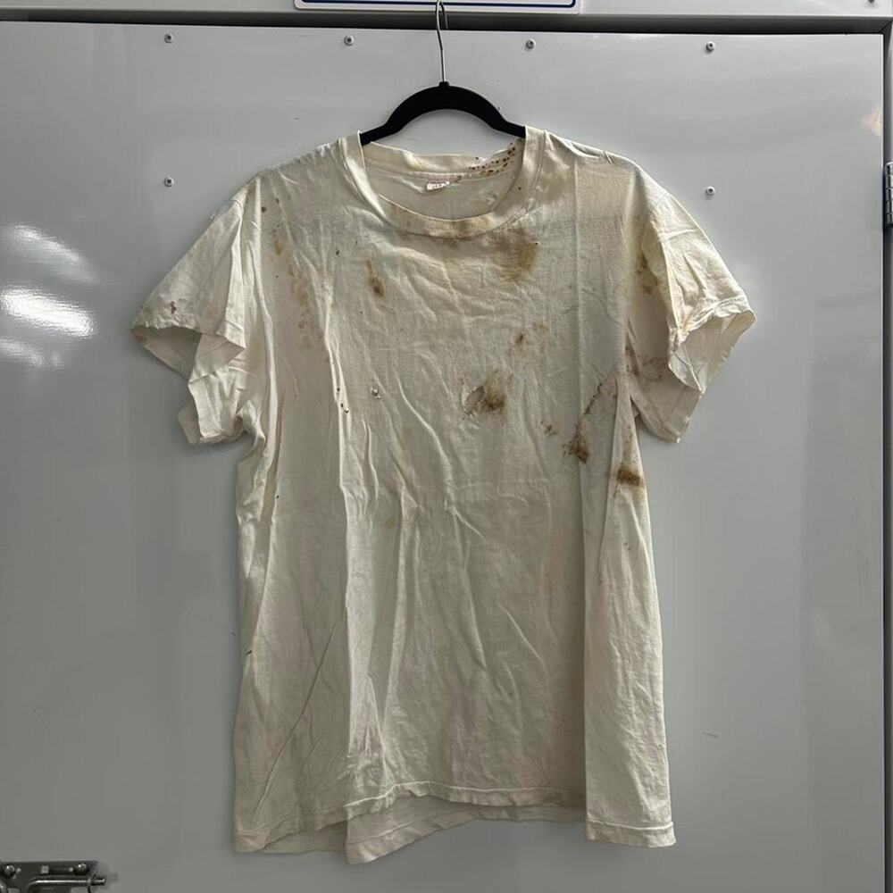 VTG 60s Distressed Dirty white Hanes t-shirt with brown beauty stains